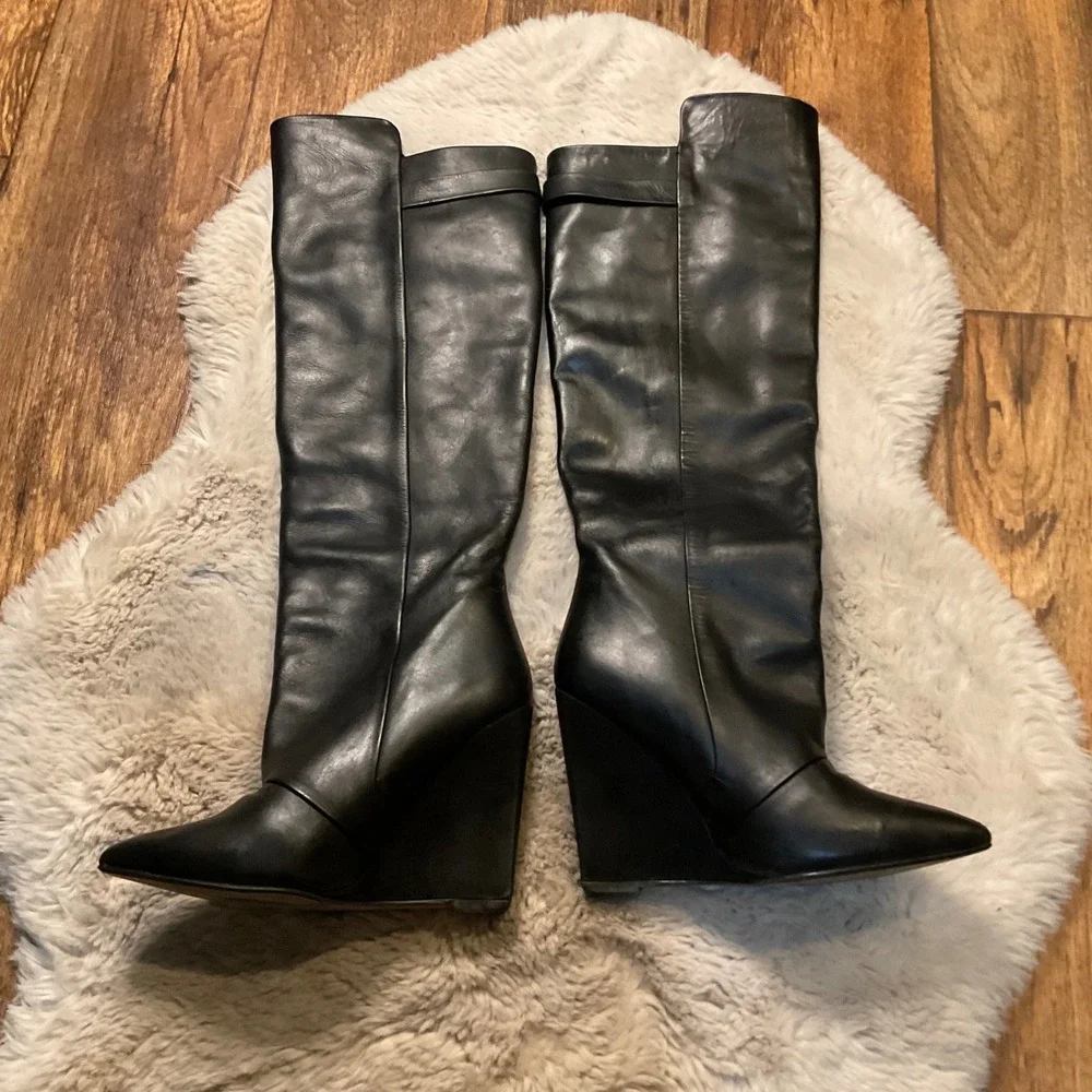 Zara Boots Leather Knee High Size 38 7.5 Pointed Toe Block Wedge Heel Womens‎
